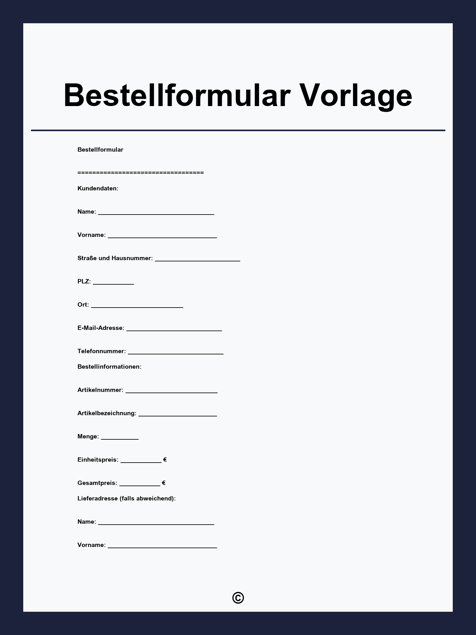 Bestellformular Vorlage