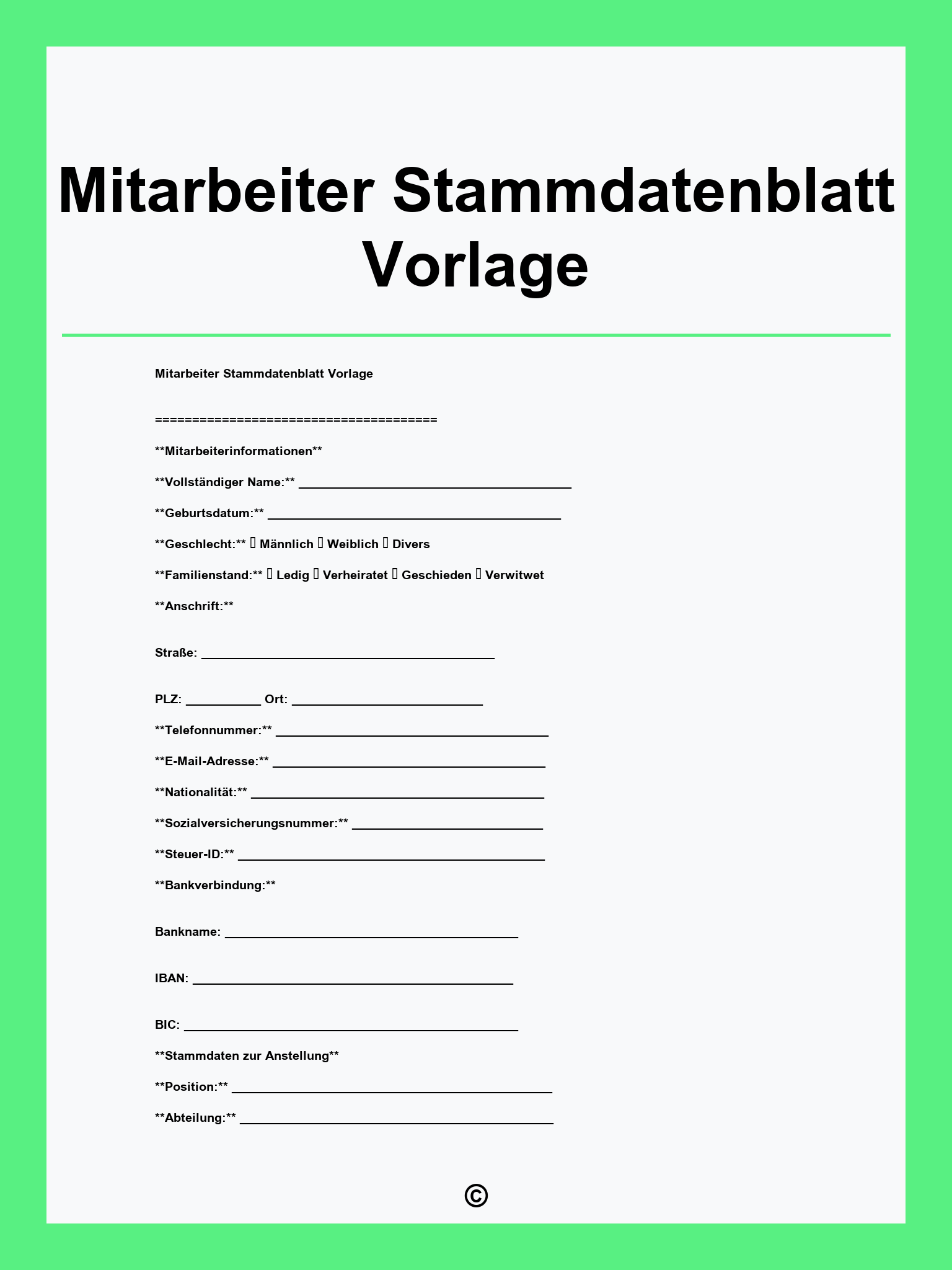 Mitarbeiter Stammdatenblatt Vorlage