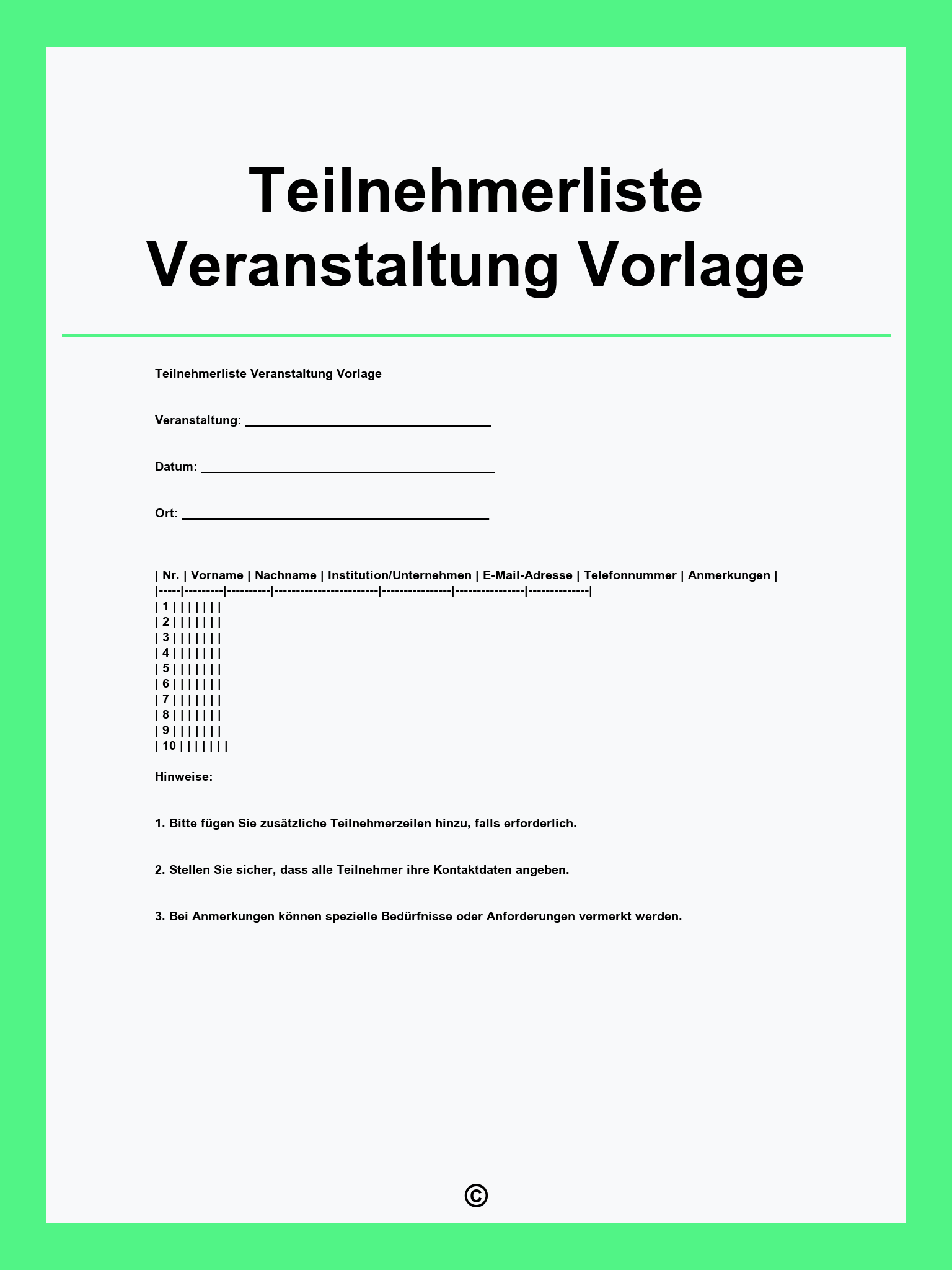 Teilnehmerliste Veranstaltung Vorlage