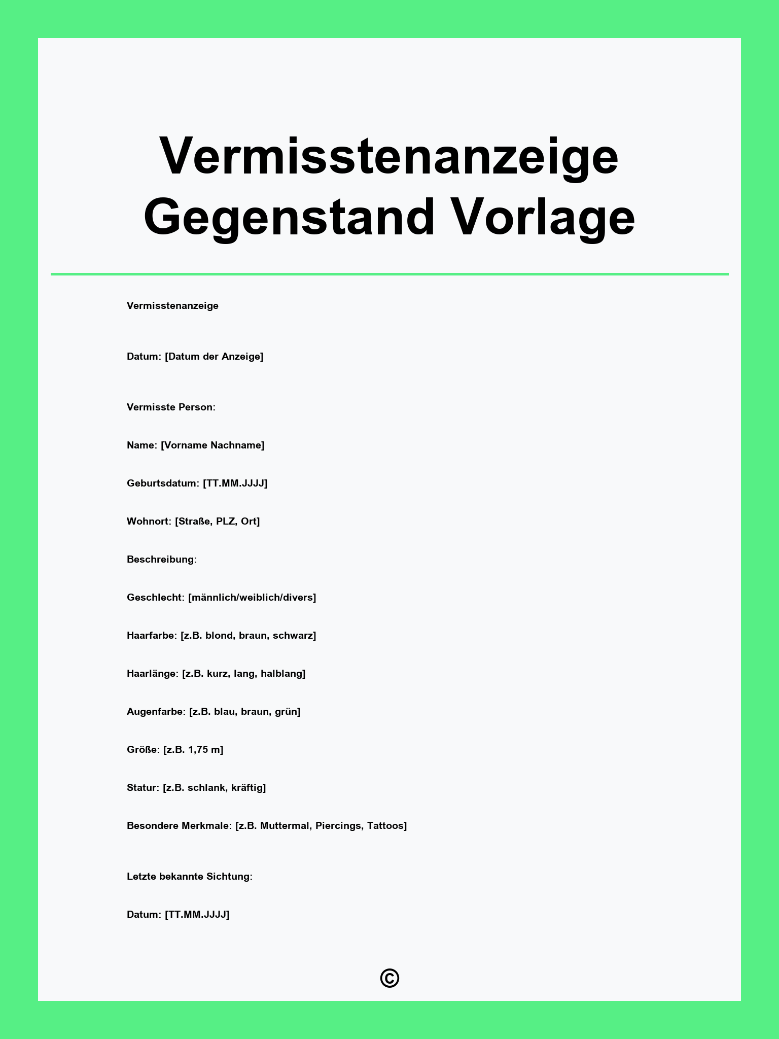 Vermisstenanzeige Gegenstand Vorlage